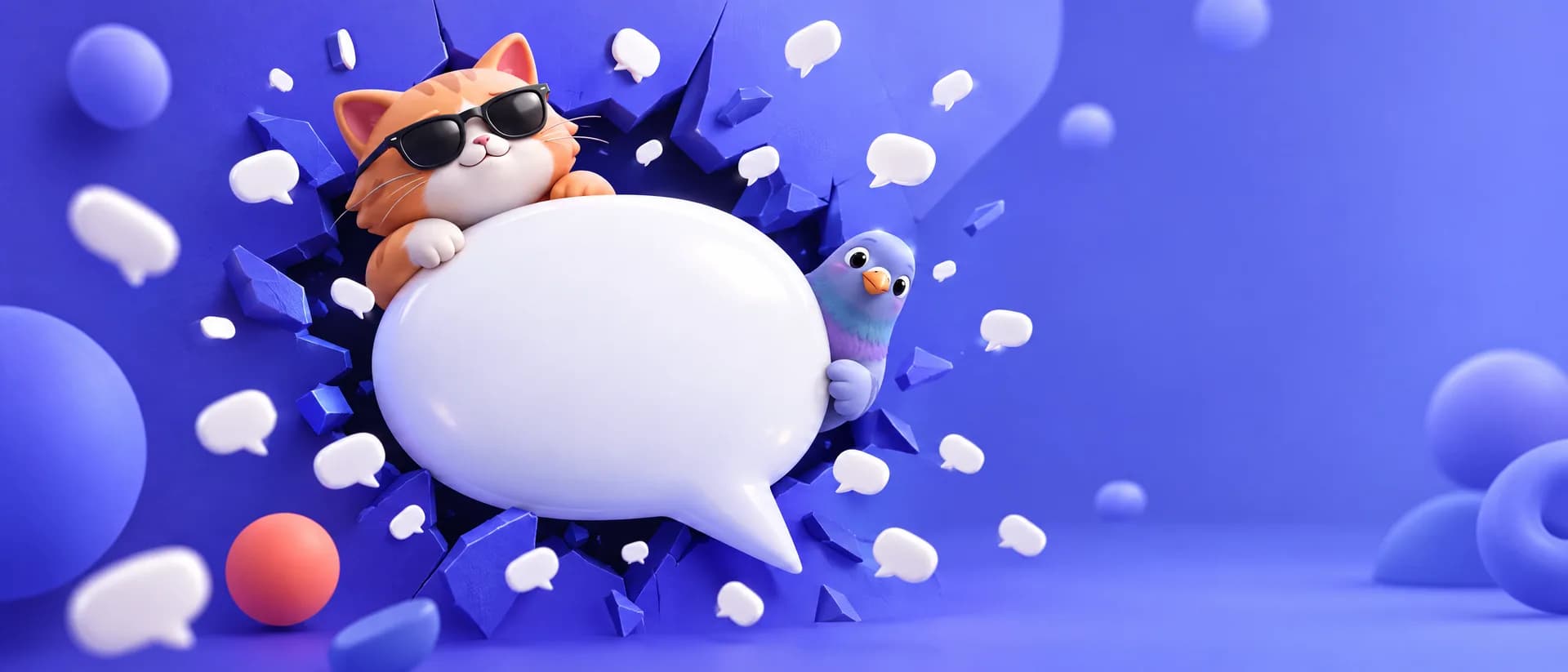 A big white speech bubble bursting out of an indigo wall, with a clay cat in sunglasses and a pigeon peeking out.